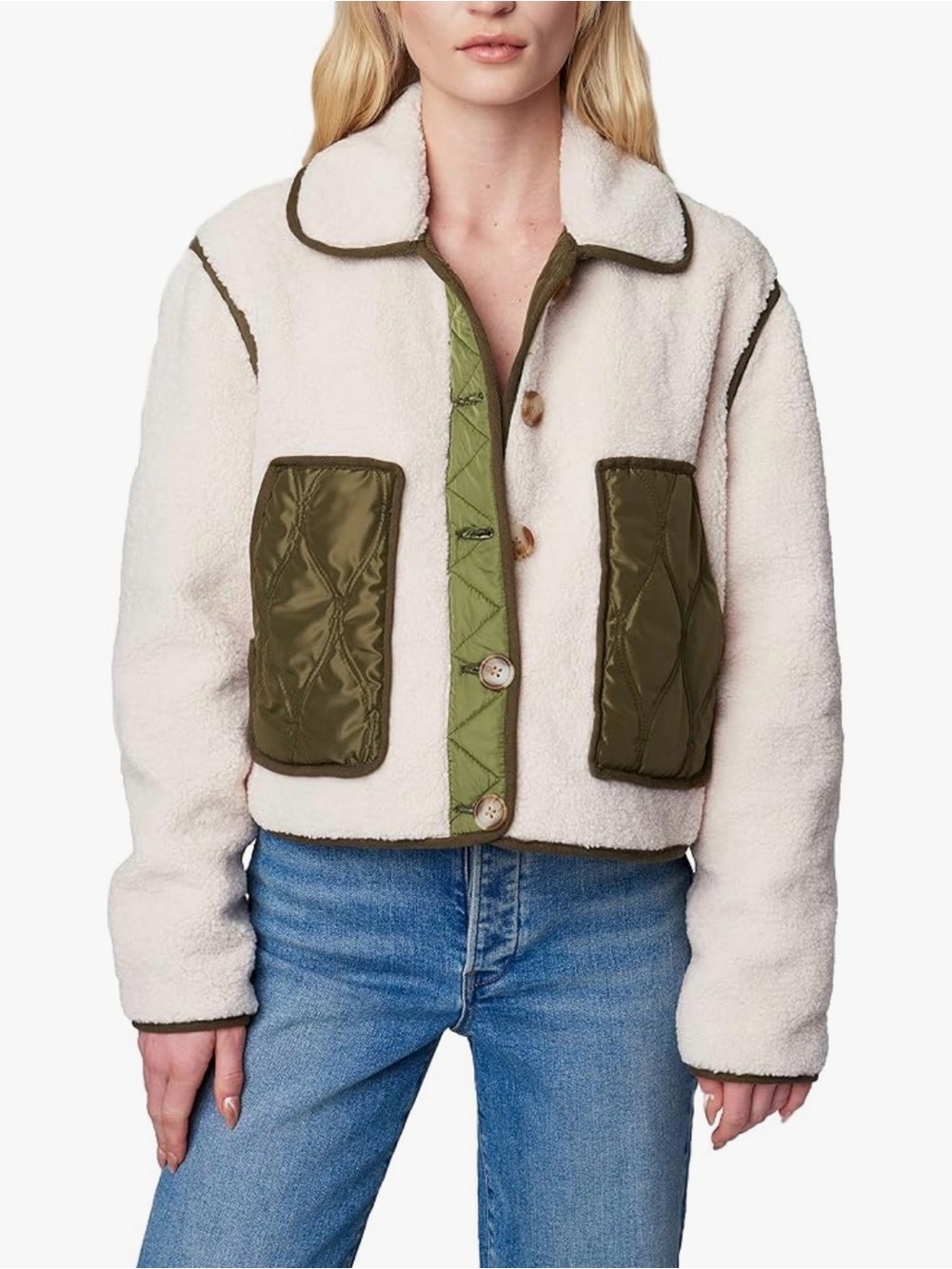 Blank NYC Cream Sherpa Jacket with Olive Trim